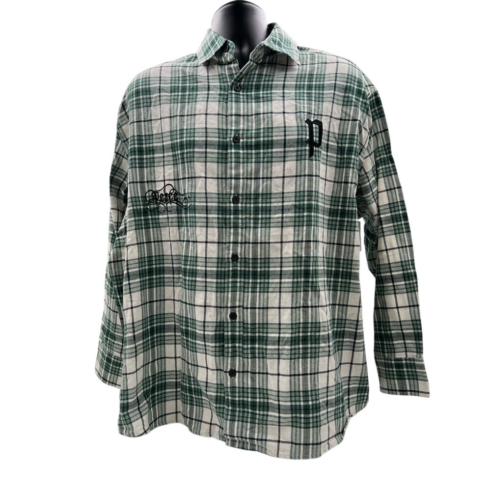 Topman Mens Green White Plaid Embroidered Peace Flannel Button Down Shirt S NEW